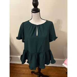 Madewell Dark Green Ruffle Hem Peplum Blouse | Keyhole Neck | Size XS